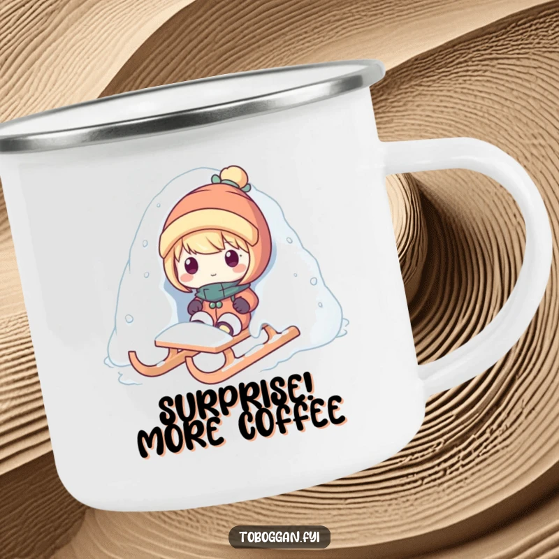 Funny snow surprise camping mug featuring a character popping out from snow on a sled, perfect for outdoor winter adventures.