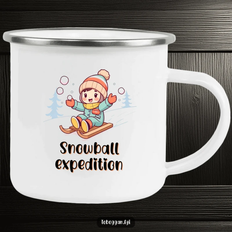 Funny character excitedly throwing snowballs while sledding downhill on a camping mug.