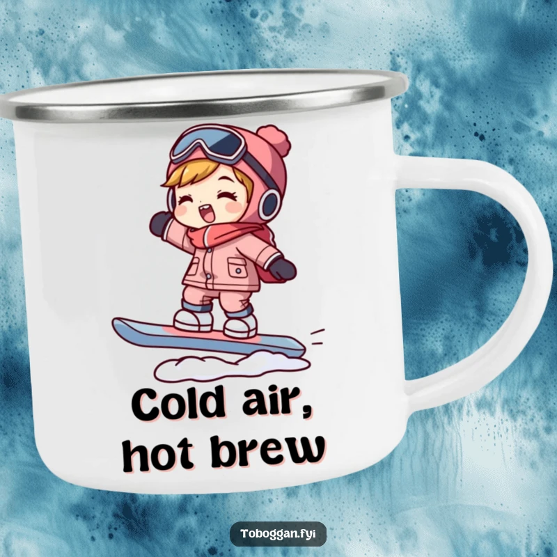 Funny snowboarder camping mug featuring a character balancing on a snowboard, perfect for enjoying beverages on any adventure.