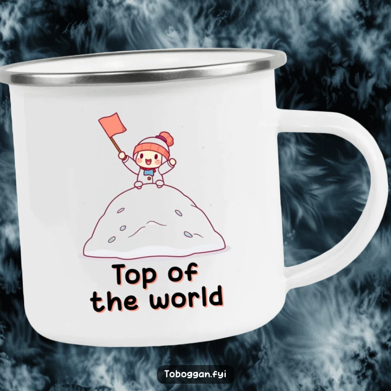 Funny camping mug with a character holding a small flag, cheering from the top of a snowdrift, perfect for celebrating outdoors.
