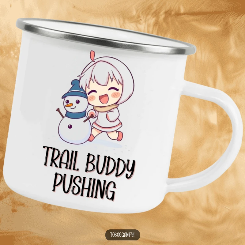 Funny camping mug with an enthusiastic character pushing a small snowman, perfect for winter outdoor enjoyment.