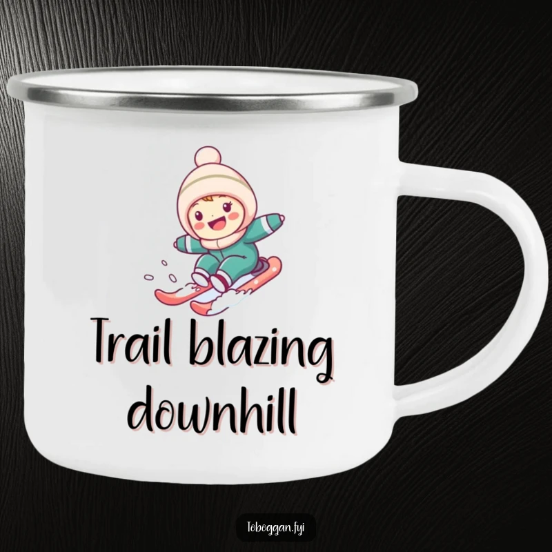 Funny Camping Mug: Cute character speeding down a snowy hill, ideal for hot beverages during outdoor adventures with a humorous theme.