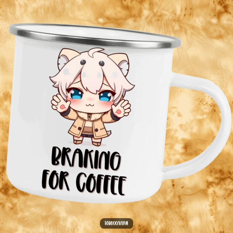 Funny camping mug featuring a character making a funny face while trying to stop, perfect for enjoying beverages during outdoor activities.