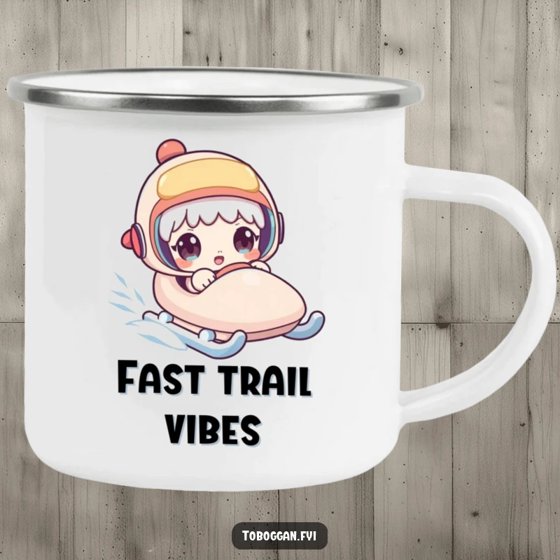 Funny camping mug featuring a character's surprised expression on a rapidly moving sled, perfect for outdoor drinks and laughs.