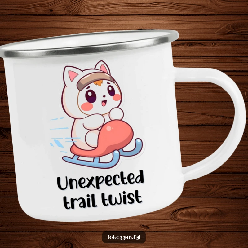 Funny camping mug with a character looking surprised as their sled spins quickly, durable and humorous funny gift.