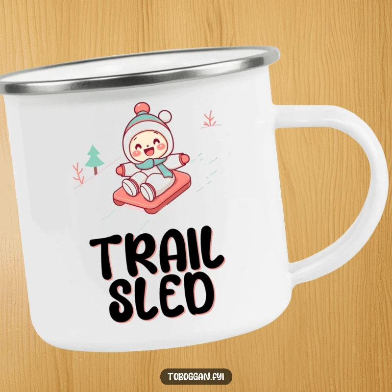 Funny Toboggan Camping Mug: A cute character gleefully toboggans down a snowy slope, bringing humor to outdoor adventures.