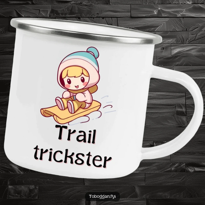 Funny toboggan camping mug, a character performs a silly trick on a sled, perfect for outdoor drinks and winter fun.