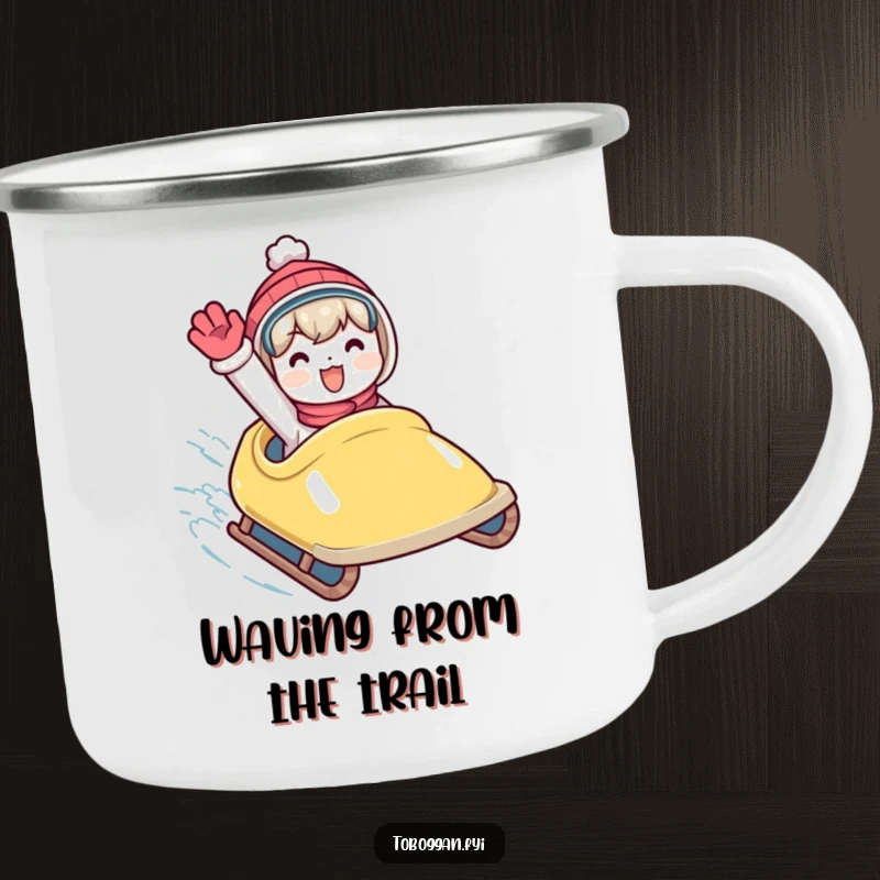 Funny camping mug with a character waving energetically from a speeding toboggan, perfect for durable outdoor use and fun.