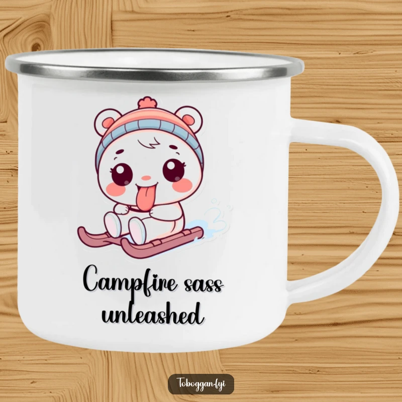 Funny camping mug with a playful character sticking its tongue out while sledding, durable and humorous funny gift.