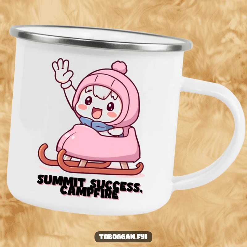 Funny camping mug with a character joyfully waving from a sled, embodying the spirit of winter adventure and success.