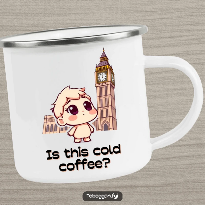 Funny camping mug featuring a curious character on a toboggan, looking up at snowflakes, ready for outdoor winter fun.