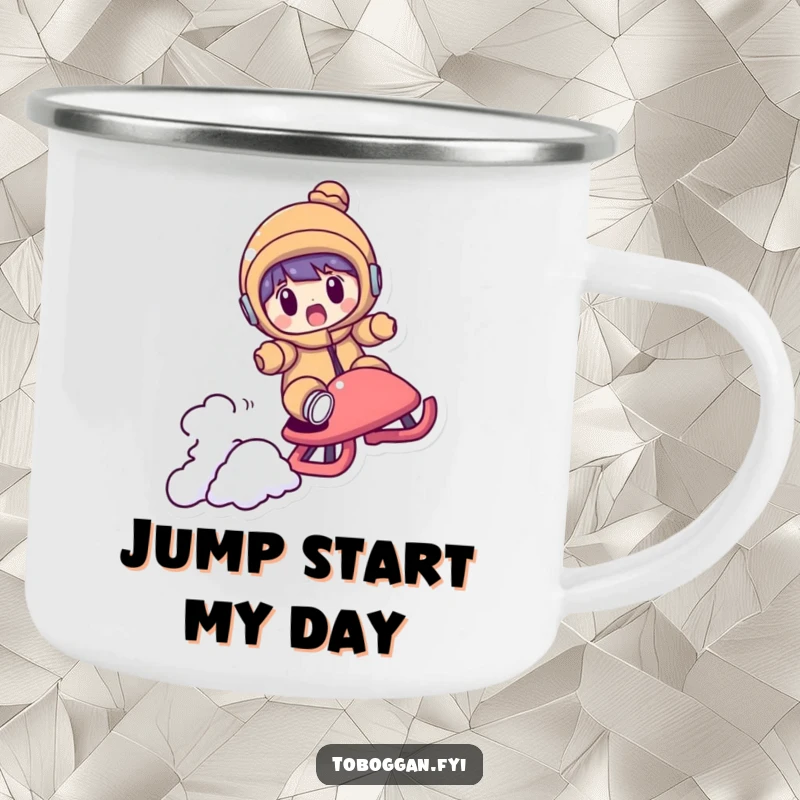 Funny camping mug with a character looking shocked as their sled flies over a small bump, perfect for outdoor winter adventures.