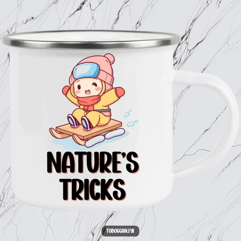 Funny camping mug featuring a character attempting a comical trick on a toboggan, perfect for outdoor brews and laughs.