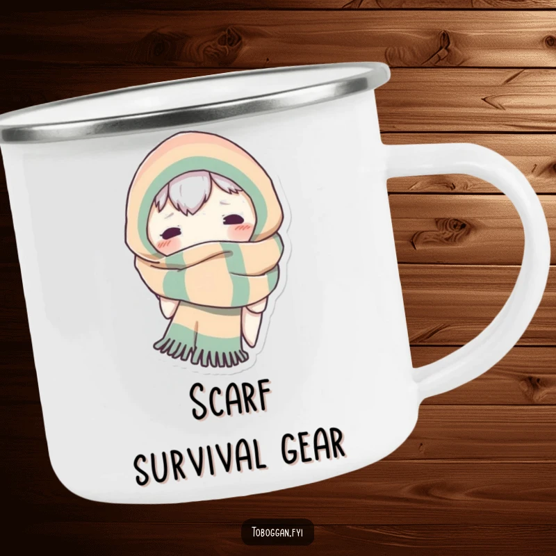 Funny camping mug with a character comically wrapped in a scarf, peeking out with a playful expression.