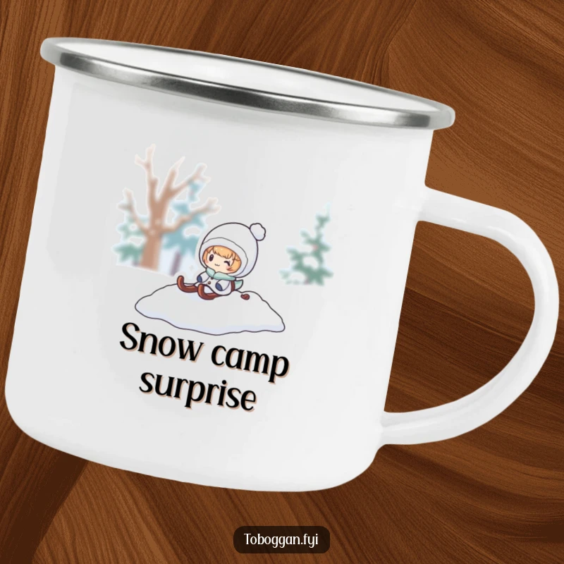 Funny snow sled camping mug, a character pops out from a snowy pile, perfect for outdoor drinks and winter fun.