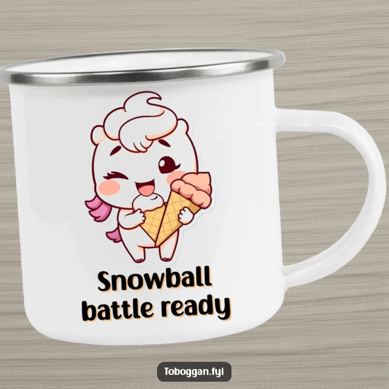 Funny character winking with a snowball on a sturdy camping mug, perfect for enjoying drinks outdoors.