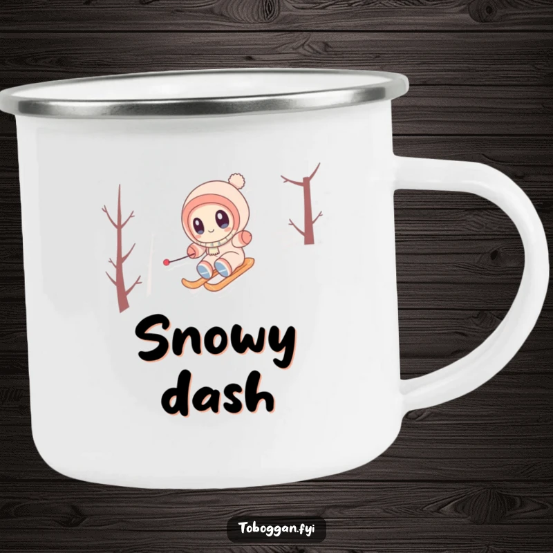 Funny Camping Mug featuring a cute character with wide eyes, happily zipping down a snowy hill, ready for winter camping.