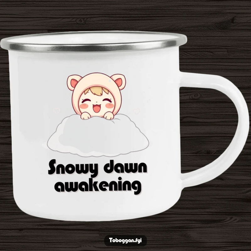 Funny camping mug featuring a cute character joyfully emerging from a soft snow pile, perfect for cozying up outdoors.