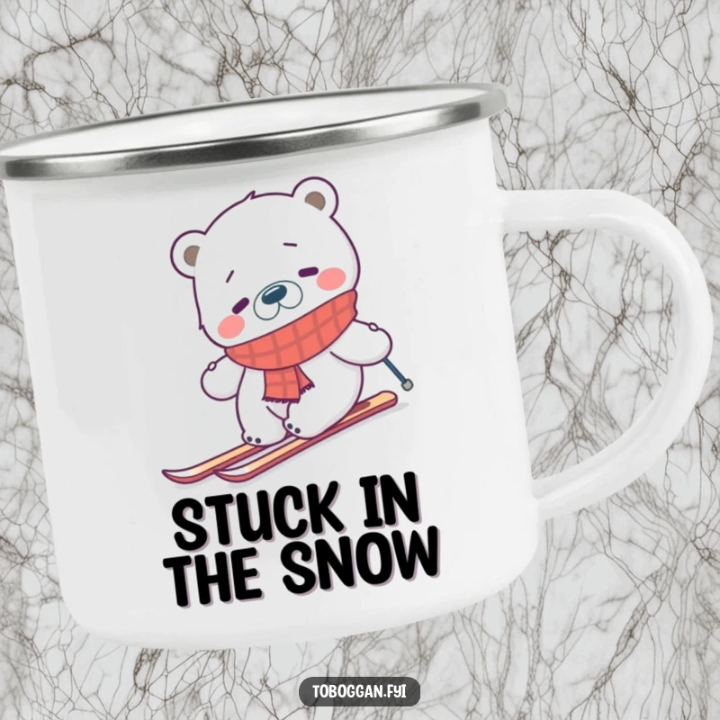 Funny confused polar bear wearing a scarf, trying to ski uphill on a sturdy camping mug, ideal for outdoor enthusiasts.