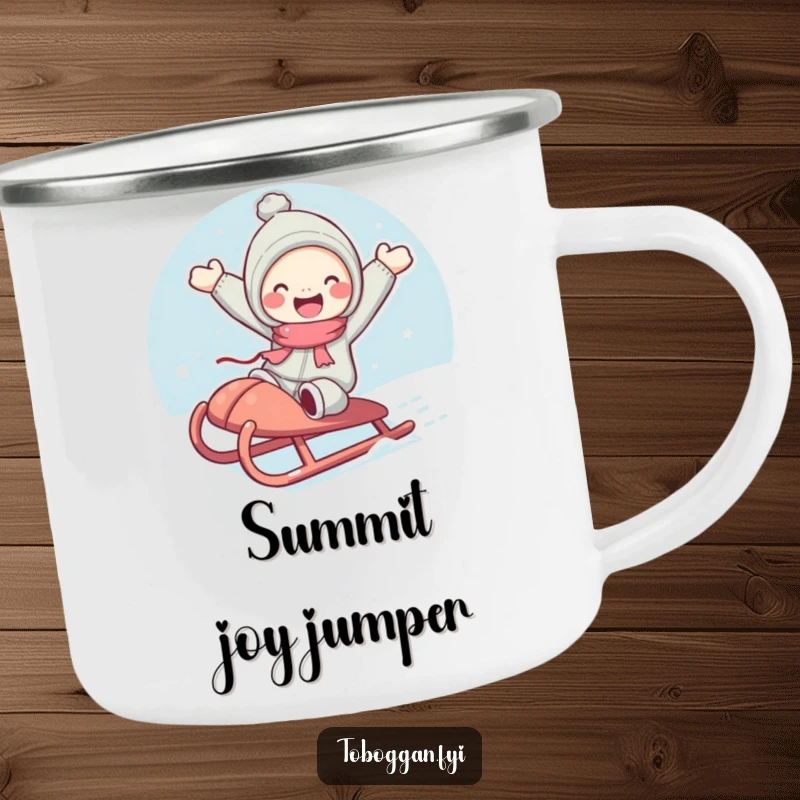 Funny camping mug featuring a cute character with rosy cheeks joyfully jumping from a sled, perfect for outdoor adventures.