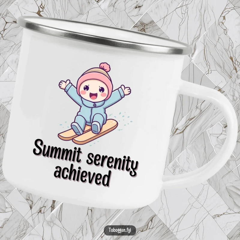 Funny character surfing down a snowy slope on a sturdy camping mug, perfect for enjoying drinks outdoors.