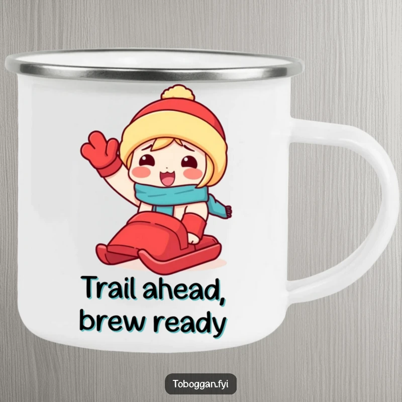 Funny camping mug featuring a character waving a red toboggan, perfect for enjoying beverages during outdoor winter fun.