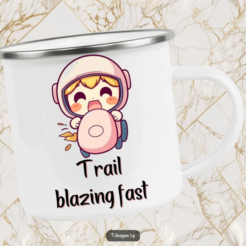 Funny speeding camping mug featuring a character with a funny, excited face during a fast outdoor journey.