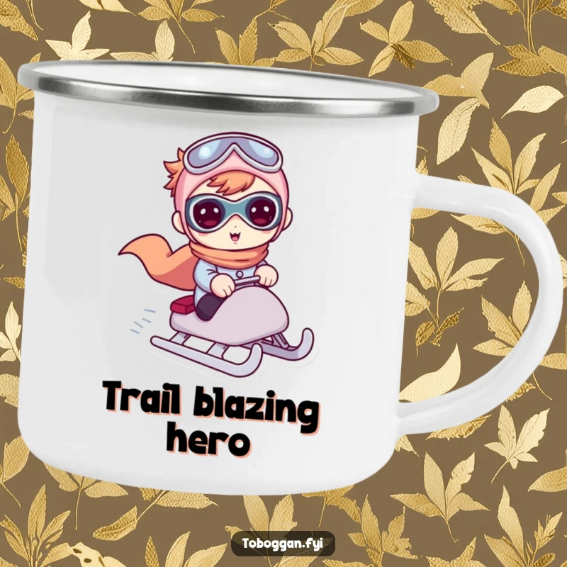 Funny camping mug featuring a cute character in a superhero pose on a sled, perfect for outdoor winter fun.