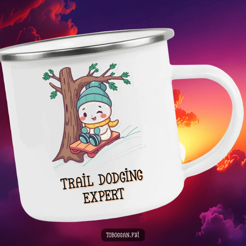Funny character steering a toboggan around a tree on a sturdy camping mug, celebrating outdoor winter fun.