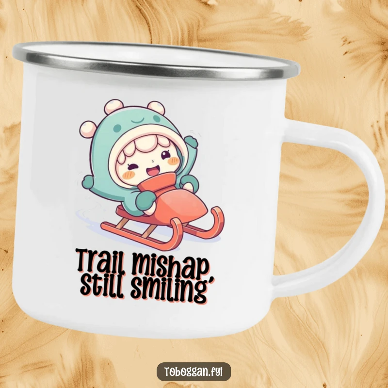 Funny falling off sled camping mug featuring a character with a silly expression during a comical fall.