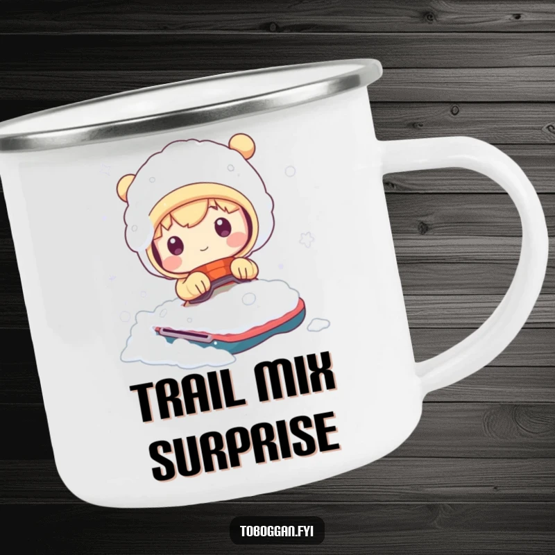 Funny camping mug featuring a cute character comically covered in snow after a bumpy ride, perfect for cozying up outdoors.