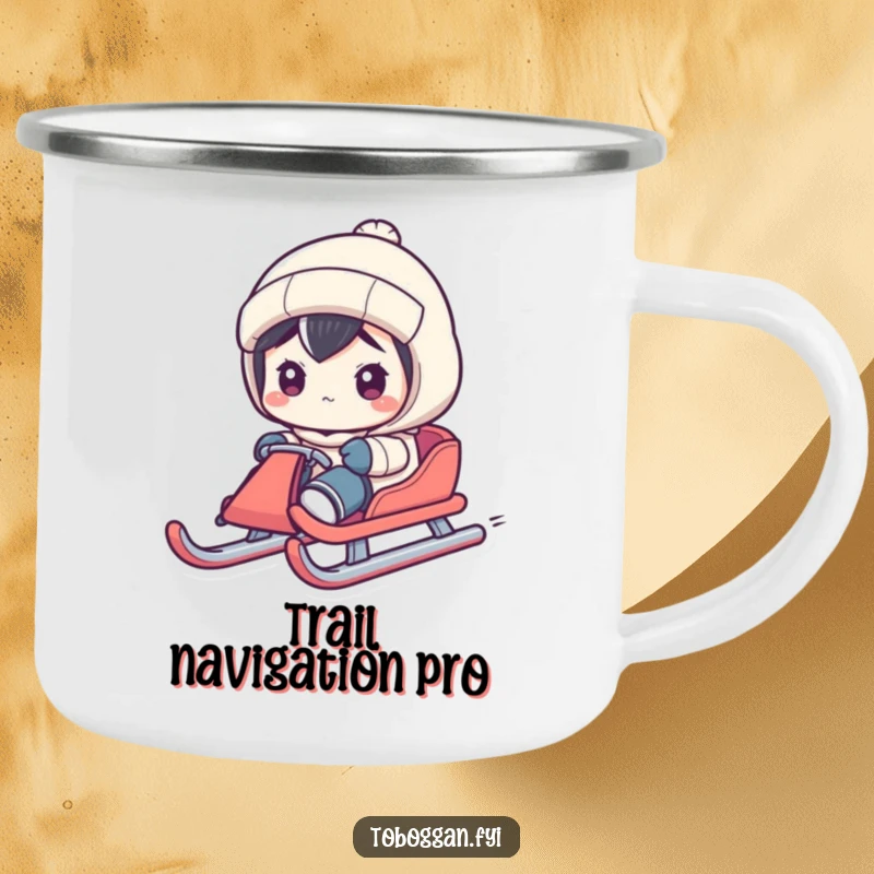 Funny camping mug with a character steering a sled with extreme concentration, perfect for durable outdoor use and focused fun.