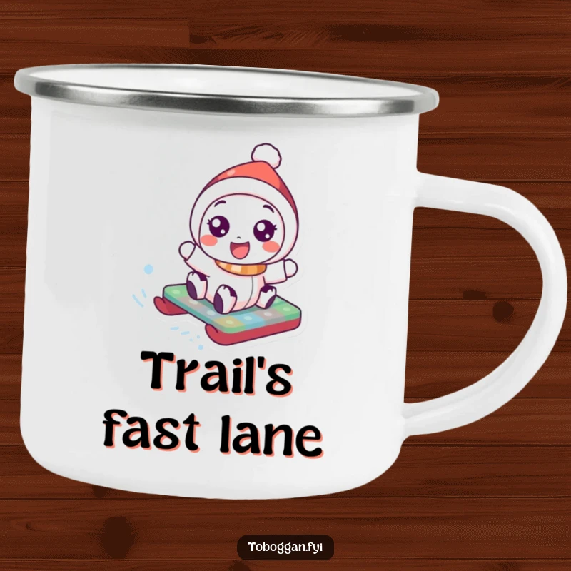 Funny Camping Mug: Joyful character embraces a thrilling toboggan ride down a snowy hill, perfect for outdoor cheer.
