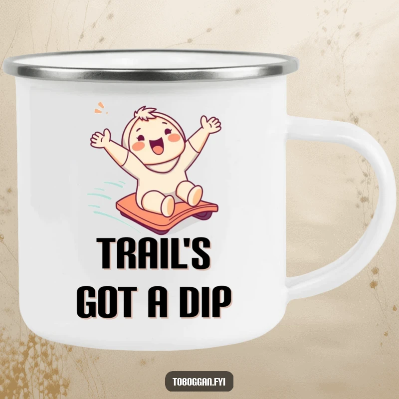 Funny camping mug with a cute character cheering while sliding down a slope, perfect for outdoor fun.