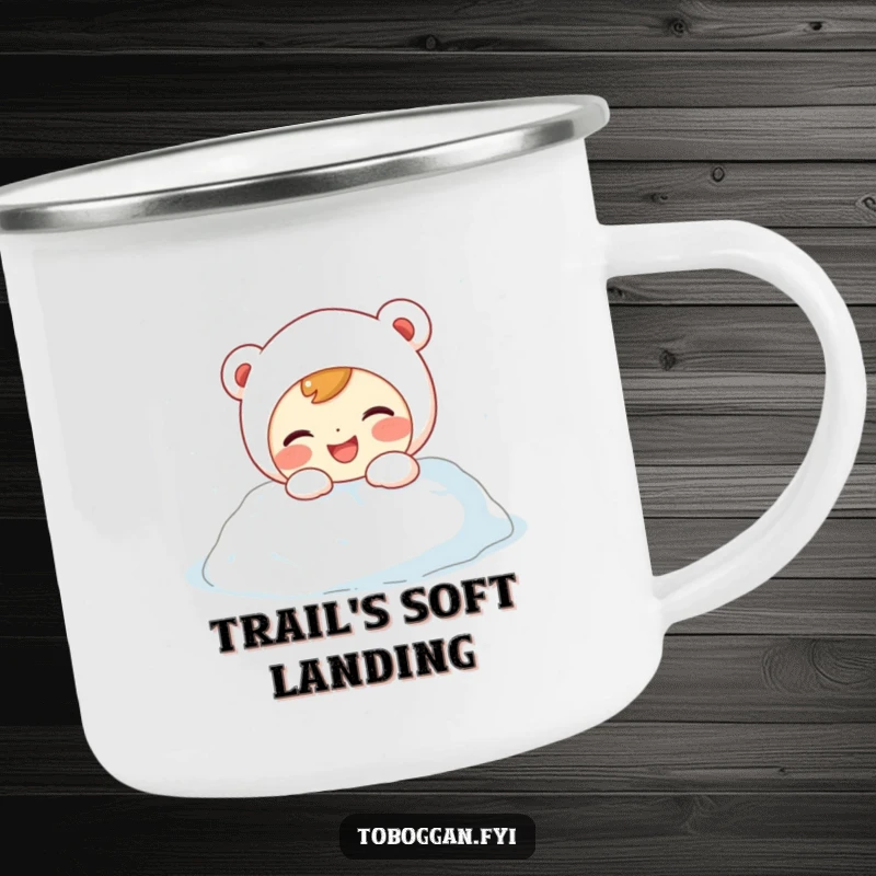 Funny Camping Mug: Giggling character with rosy cheeks playfully lands in a snowdrift, bringing cheer to any outdoor setting.