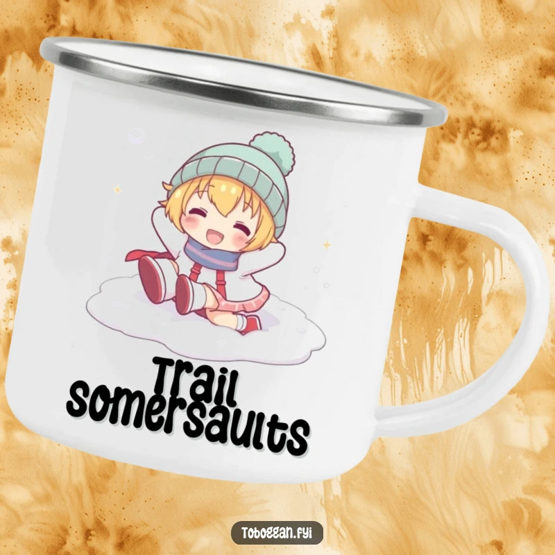 Funny camping mug featuring a cartoon character playfully tumbling head over heels in snow, perfect for outdoor adventures.