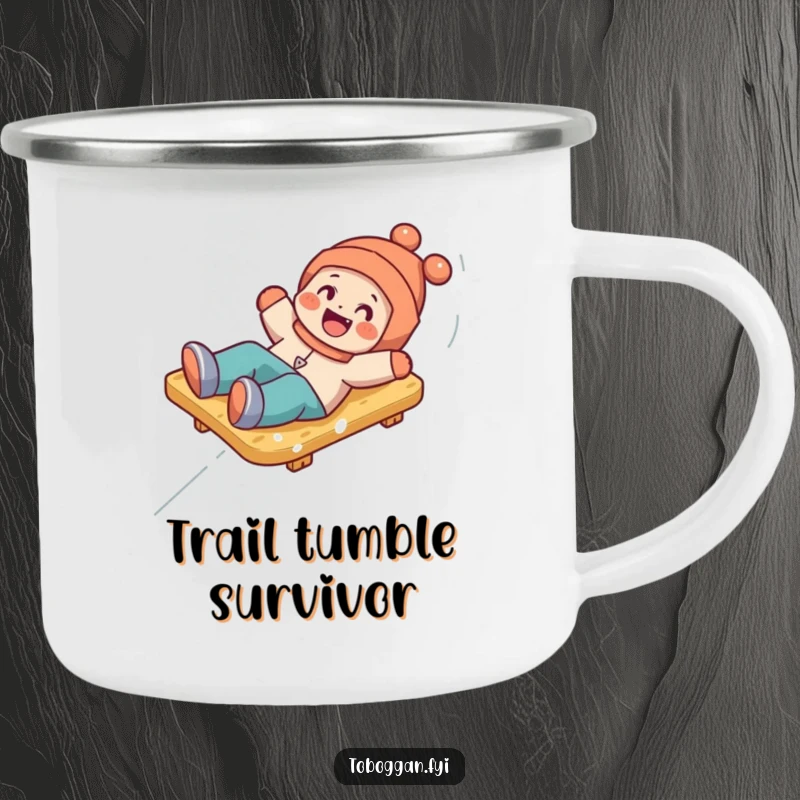 Funny camping mug featuring a happy character playfully tumbling off a toboggan, perfect for outdoor adventures.