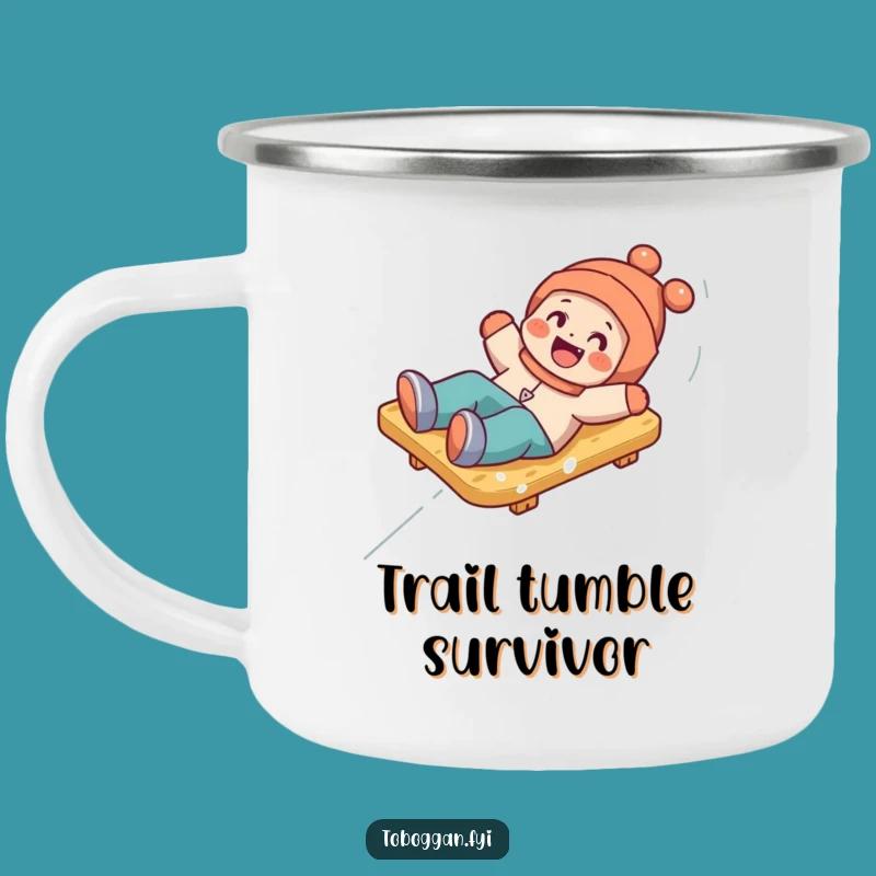 Funny Toboggan Tumble Camping Mug: Adventure Character's Snowy Cup
