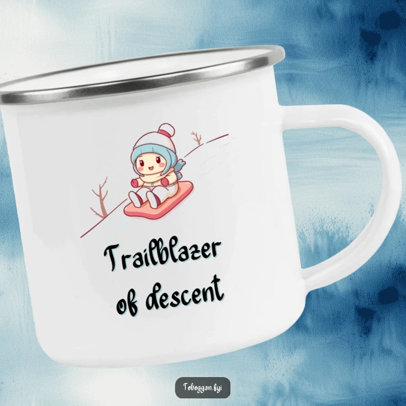 Funny camping mug with a cute cartoon character gleefully sliding down a snowy hill, perfect for outdoor adventures and warm drinks.