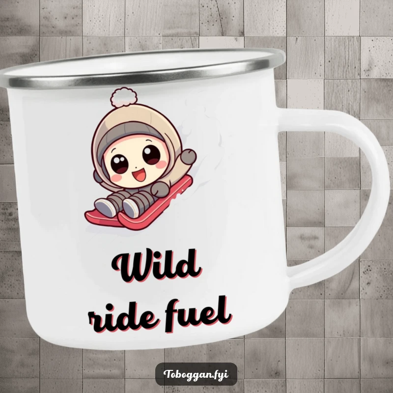 Funny character with wide, happy eyes tumbling down a sledding slope on a camping mug.