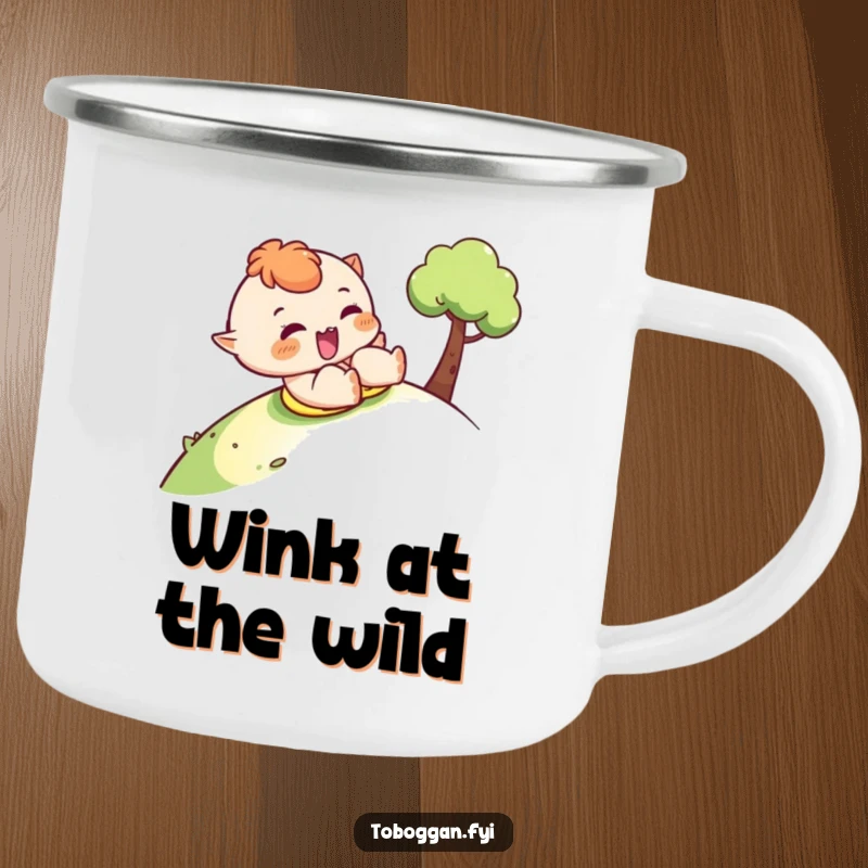 Funny sledding camping mug featuring a character sliding downhill with a cheeky wink, perfect for outdoor fun.