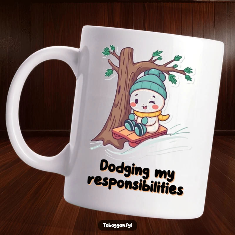 Funny character with a cheeky smile steering a toboggan skillfully around a snowy tree, capturing winter playfulness.