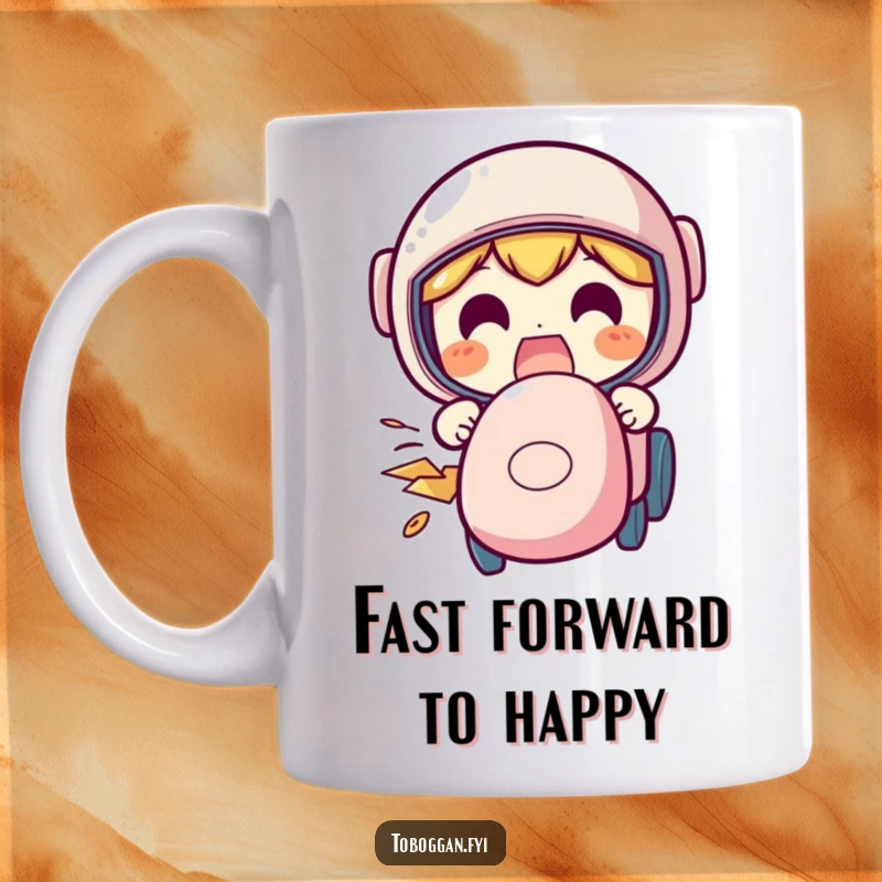 Funny speeding mug showing a character with a funny, excited face as they zoom downhill.