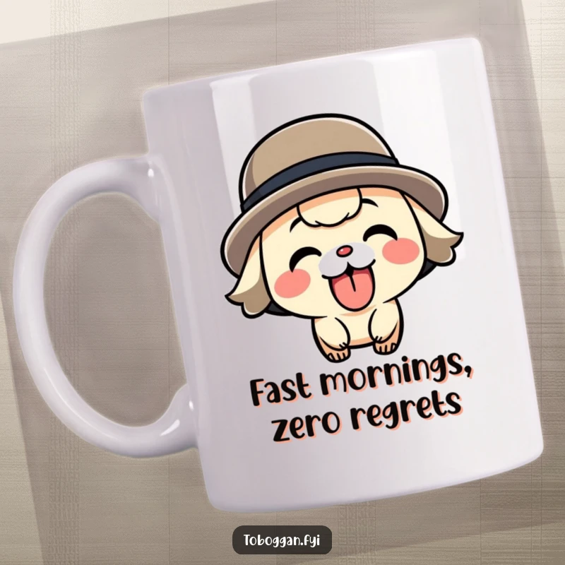 Funny speeding character mug, showing a playful character with tongue out, energetically racing forward.