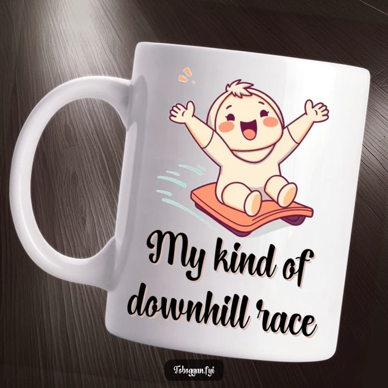 Funny mug featuring a cute character cheering while happily sliding down a gentle slope, embodying pure excitement and fun.