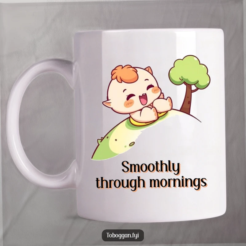Funny sledding mug featuring a character sliding down a hill with a cheeky wink, full of winter mischief.