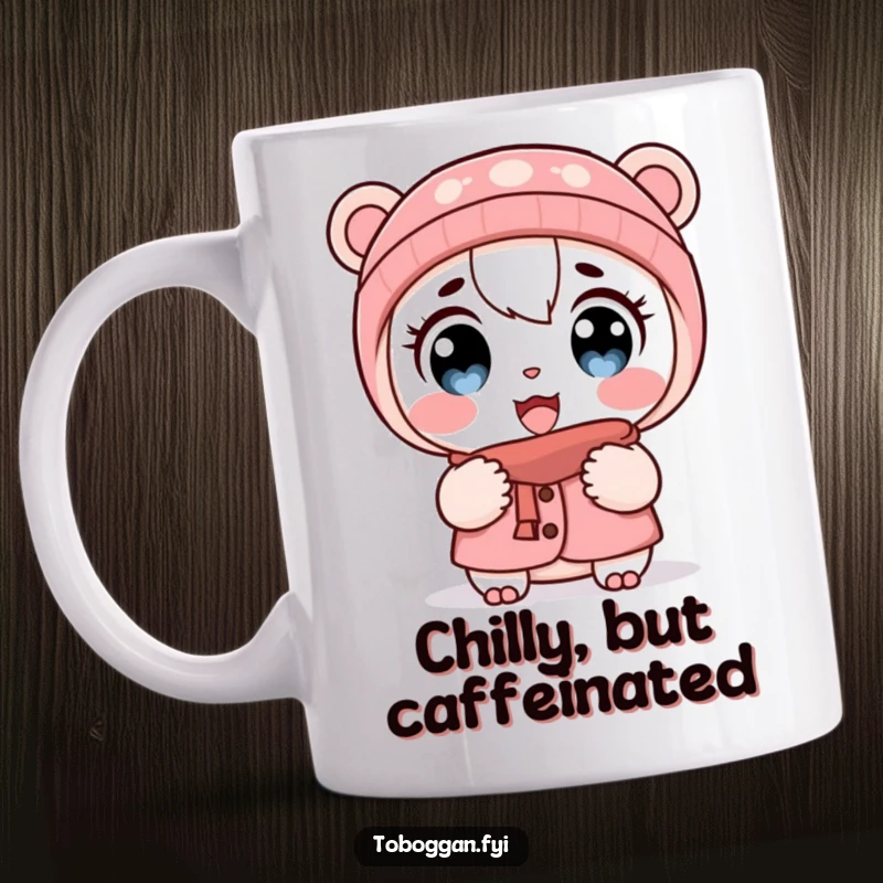 Funny mug: A cartoon character looks surprised with wide eyes and puffed cheeks, reacting to the biting cold.