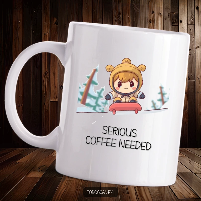 Funny character with a determined, focused expression racing down a steep toboggan run on a mug.