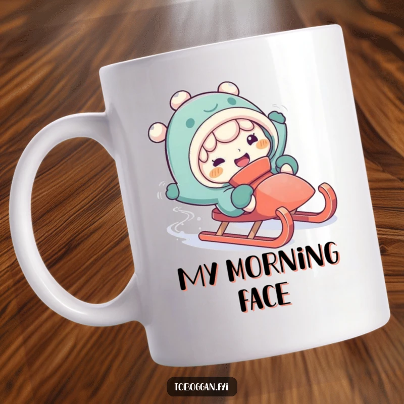 Funny falling off sled mug showing a character with a silly expression mid-fall, capturing winter clumsiness.