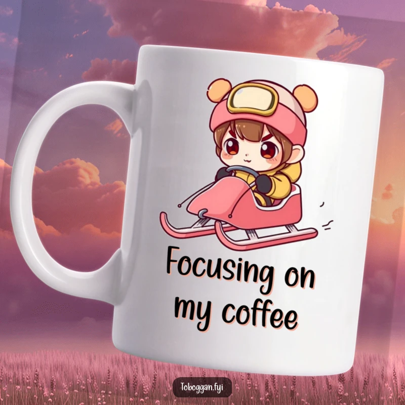 Funny character steering a sled down a slope with intense, exaggerated concentration, eyes fixed ahead.